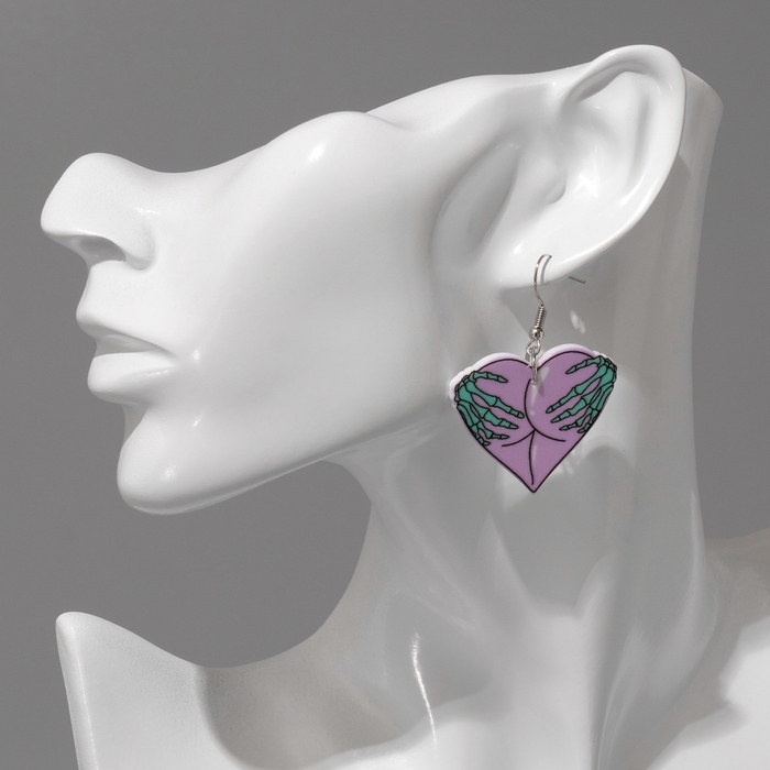 Серьги акрил &laquo;Сердце&raquo; руки скелета, цвет зелёно-сиреневый