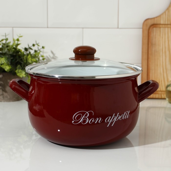 Кастрюля эмалированная, &laquo;Бордо&raquo;, 4 л, стеклянная крышка, индукция, цвет бордовый