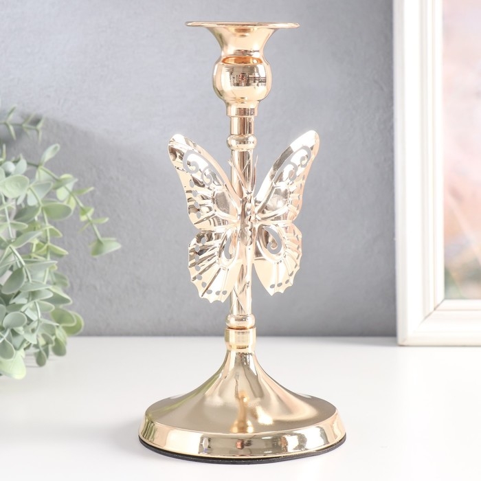 Подсвечник металл на 1 свечу "Ажурная бабочка" d-2,5 см золото 11х11х20,5 см