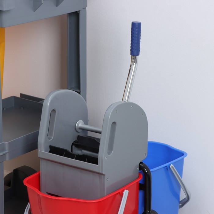 Многофункциональная тележка для клининга с вёдрами, отжимом и лотками, цвет серый Многофункциональная тележка для клининга с вёдрами, отжимом и лотками, цвет серый