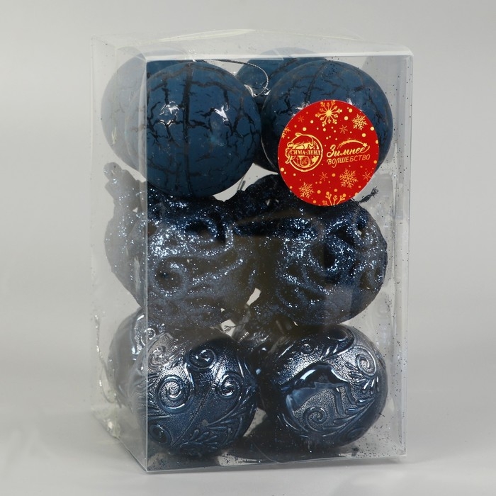 Набор шаров пластик d-6 см, 12 шт "Мелодия" орнамент, синий