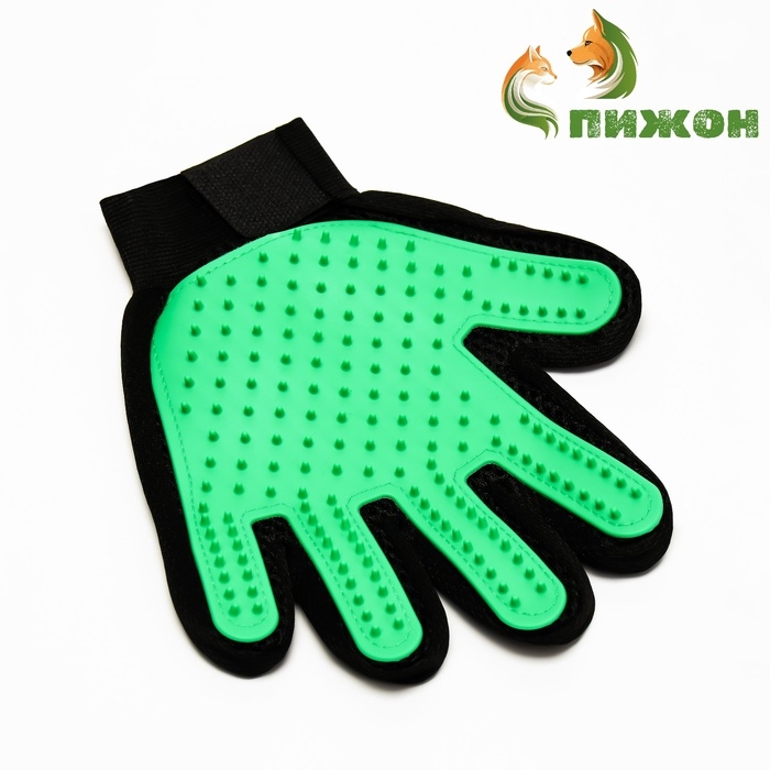 Перчатка-щетка для шерсти на левую руку из неопрена с удлиненными зубчиками, зелёная Перчатка-щетка для шерсти на левую руку из неопрена с удлиненными зубчиками, зелёная