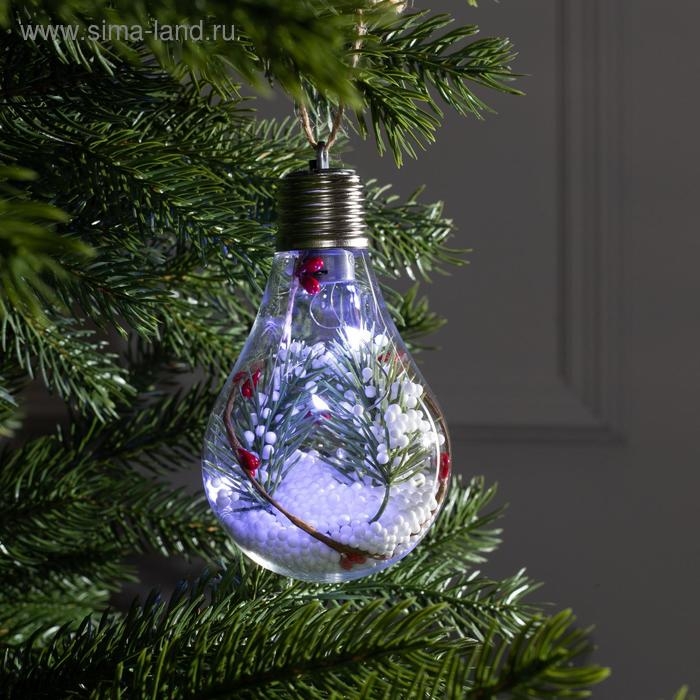 Ёлочный шар «Ветка ели», батарейки, 5 LED, свечение белое Ёлочный шар «Ветка ели», батарейки, 5 LED, свечение белое