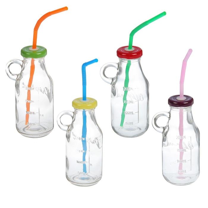 Бутыль стеклянная с крышкой и трубочкой, 200 мл, 7,5&times;6&times;14,5 см, цвет МИКС