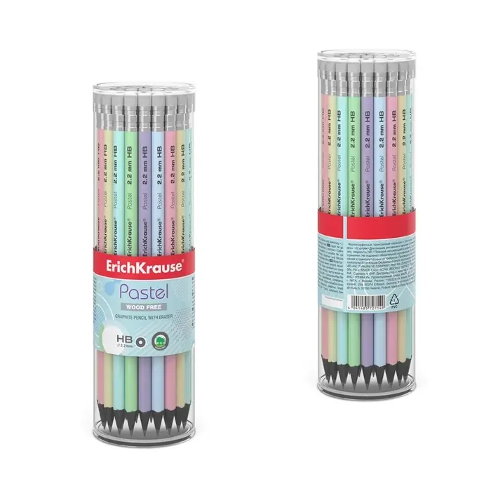 Карандаш чернографитный с ластиком ErichKrause &laquo;Pastel&raquo;, HB, грифель d=2.2 мм, пластик, круглый в тубусе, пастель МИКС