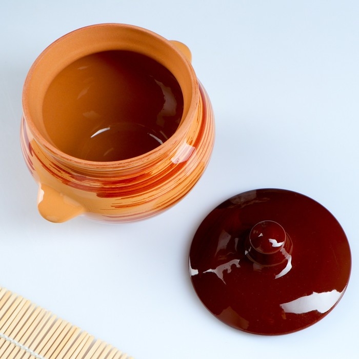 Горшок керамический для запекания №5 с ручками, 0,5л / 10х10,5см, оранжевая полоска Горшок керамический для запекания №5 с ручками, 0,5л / 10х10,5см, оранжевая полоска