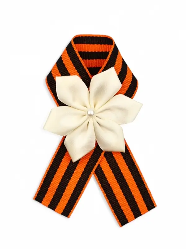 Значок с лентой и белым цветком на День Победы &laquo;9 Мая&raquo;