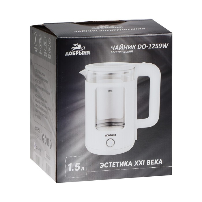 Чайник электрический Чайник электрический "Добрыня" DO-1259W, стекло, 1.5 л, 1800 Вт, белый
