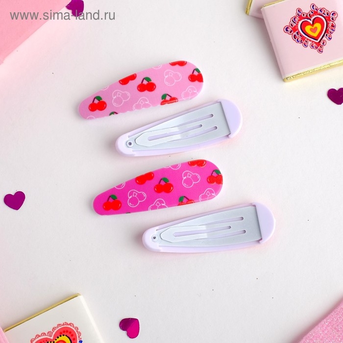 Невидимка для волос "Ягодки" (набор 4 шт) вишенки 5 см, розовый