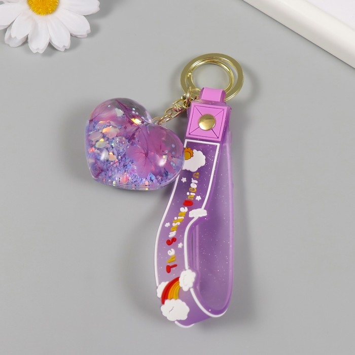 Брелок пластик с карабином, ремешком "Сердечко с цветами" водный с декором 5х5,5х2,5 см