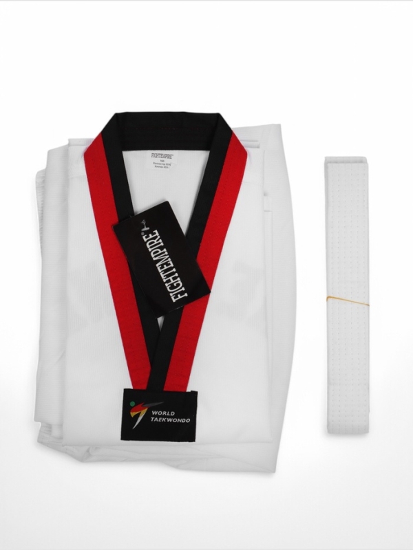 Добок (кимоно) для Тхэквондо, белый, черно-красный ворот, детский, размер 130