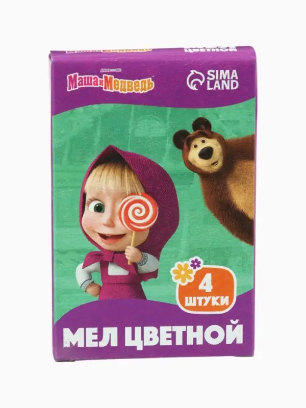 Мелки цветные школьные, 4 шт. &laquo;Маша и медведь&raquo;, прямоугольные