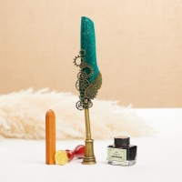 Набор подарочный 5в1 "Стимпанк": перьевая ручка бирюза, чернила, наконечники, печать, воск