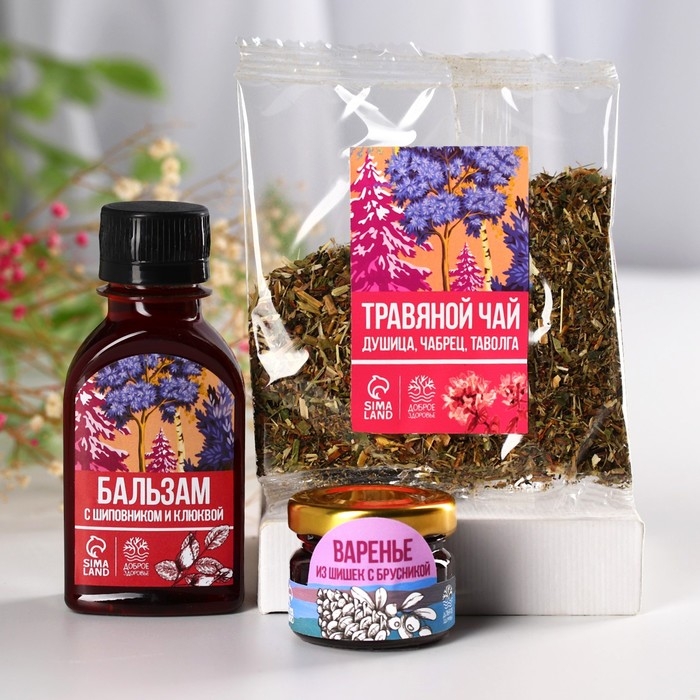 Подарочный набор &laquo;8 марта&raquo;: чай травяной 20г., бальзам с шиповником и клюквой 100 мл., варенье из шишок с брусникой 30 г.