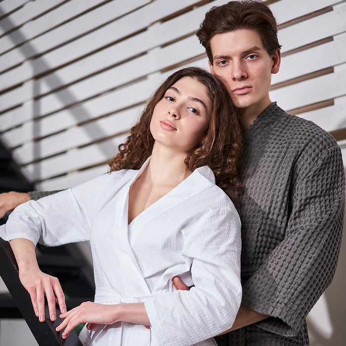 Халат вафельный мужской удлиненный Этель Халат вафельный мужской удлиненный Этель "Boho" размер 54-56, цвет светло-серый, 100% хлопок, 290 г/м2