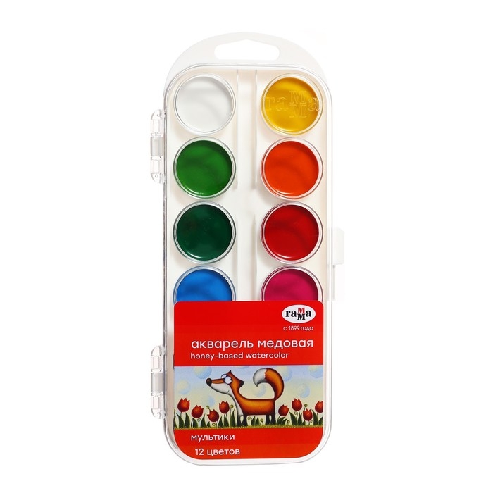 Акварель 12 цветов "Гамма" "Мультики", медовая, без кисти, пластик