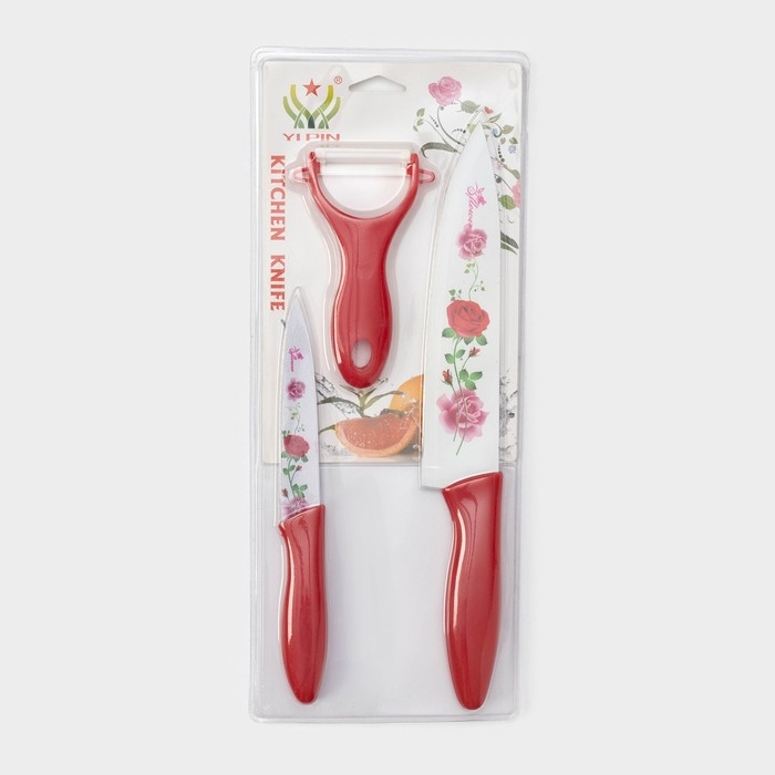 Набор кухонных принадлежностей Доляна «Нарцисс», 3 предмета: 2 ножа с антиналипающим покрытием, лезвие 12 см, овощечистка, 20×4 см, цвет красный Набор кухонных принадлежностей Доляна «Нарцисс», 3 предмета: 2 ножа с антиналипающим покрытием, лезвие 12 см, овощечистка, 20×4 см, цвет красный