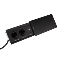 Блок розеточный в стол, сдвижная крышка, 10А, 2 розетки, 2xUSB, 2A, провод 1.8 м, черный Блок розеточный в стол, сдвижная крышка, 10А, 2 розетки, 2xUSB, 2A, провод 1.8 м, черный