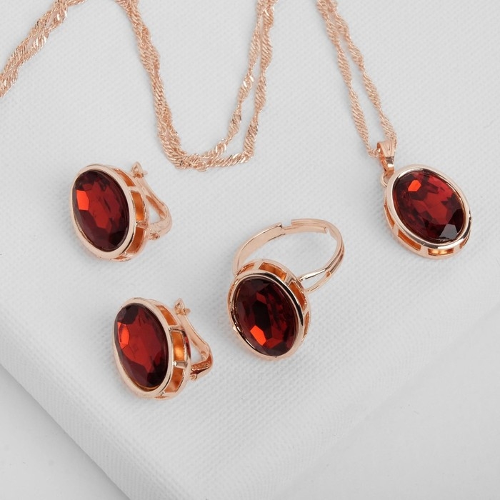 Гарнитур 3 предмета: серьги, кулон, кольцо безразмерное &laquo;Эдель&raquo; овал вытянутый, цвет красный в золоте, 45 см