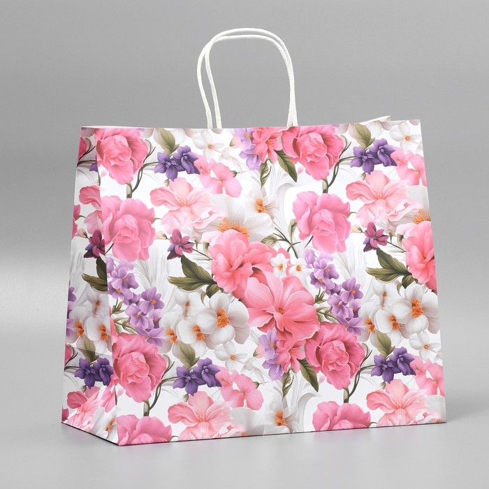 Пакет подарочный крафтовый, упаковка, &laquo;Подарок для тебя&raquo;,цветы, 32 х 28 х 15 см