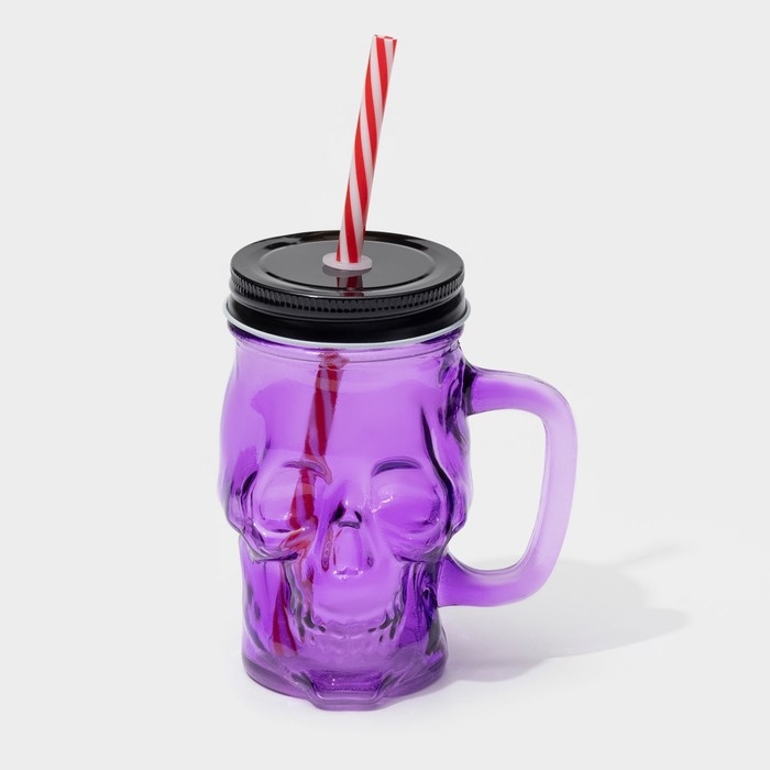 Банка стеклянная с крышкой и трубочкой &laquo;Череп. Хэллоуин&raquo;, 400 мл, 11&times;8,5&times;13 см, цвет МИКС