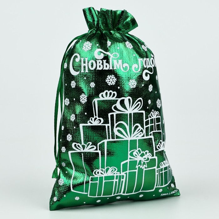 Мешочек подарочный парча &laquo;Новогодние подарки&raquo;, зелёный, 16 х 24 см, Новый год