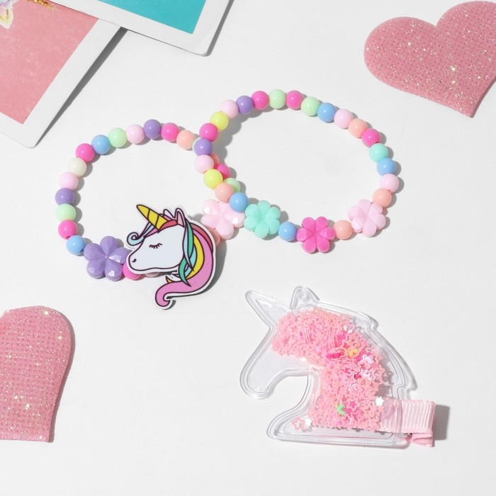 Комплект детский &laquo;Выбражулька&raquo; 3 предмета: заколка, 2 браслета, единорог, цветной