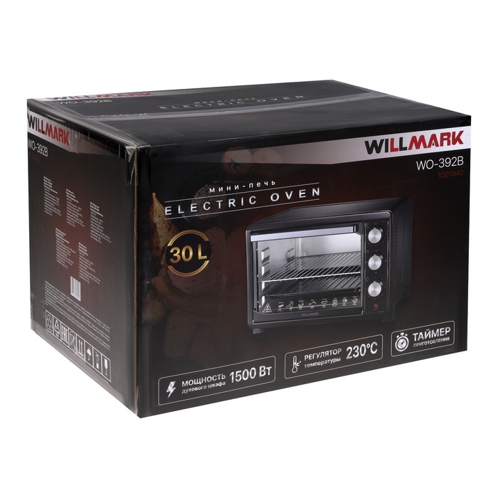 Мини-печь WILLMARK WO-392B, 1500 Вт, 30 л, таймер, до 230&deg;С, чёрная