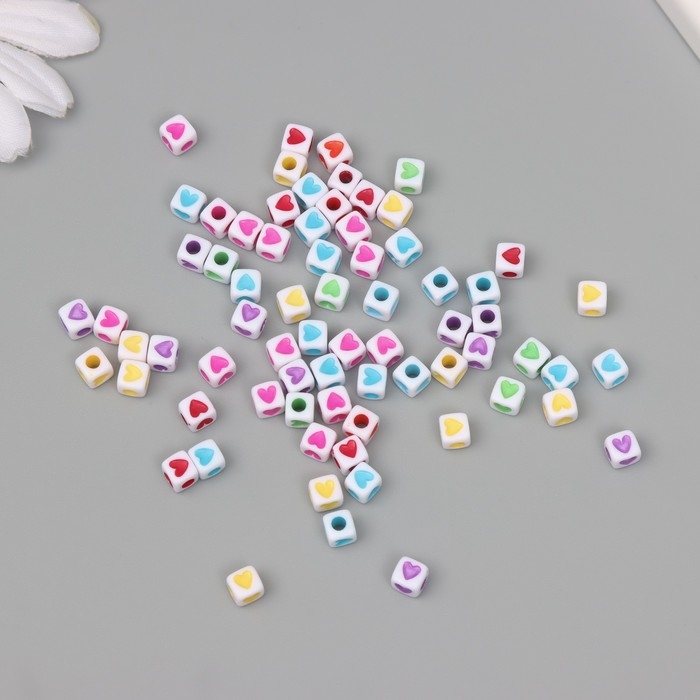 Бусины для творчества пластик "Куб цветные сердца" набор 20 гр 0,4х0,4 см