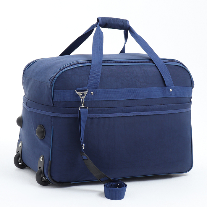 Сумка дорожная на колёсах, отдел на молнии, с увеличением, 2 наружных кармана, длинный ремень, цвет синий Сумка дорожная на колёсах, отдел на молнии, с увеличением, 2 наружных кармана, длинный ремень, цвет синий