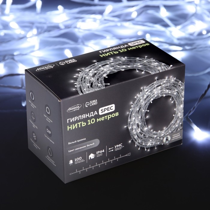 Гирлянда &laquo;Нить&raquo; 10 м, IP44, УМС, белая нить, 100 LED, свечение белое, мерцание всех светодиодов, 24 В