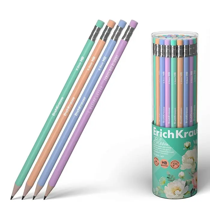Карандаш чернографитный с ластиком ErichKrause "Pastel Bloom", НВ, грифель d=2,2 мм, дерево, трехгранный в тубусе, микс