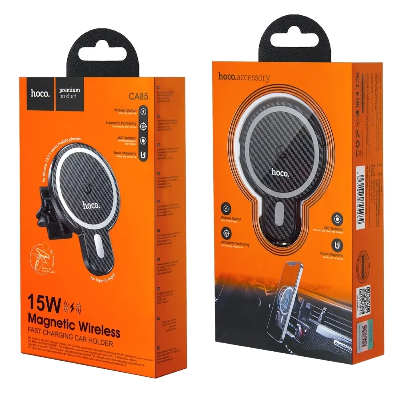 Автодержатель CA85  с беспроводной зарядкой HOCO черный
