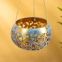 Подсвечник подвесной из кокоса, 14&times;14&times;10 см, голубой-золотой