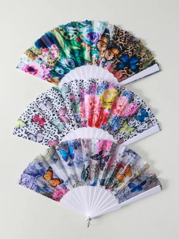 Веер пластик, текстиль "Бабочки и цветы на леопарде" МИКС 23 см