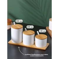 Банки для хранения сыпучих продуктов на бамбуковой подставке BellaTenero, 6 предметов: 3 банки 150 мл, 250 мл, 350 мл, 3 ложки, цвет белый