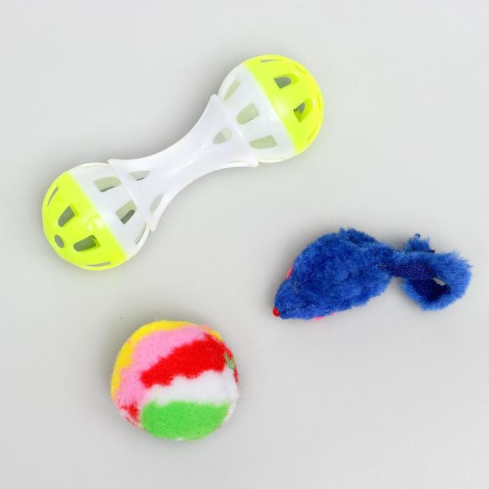 Набор игрушек для кошек: гантель 11 см, мышь 4 см и шар 4 см, микс цветов Набор игрушек для кошек: гантель 11 см, мышь 4 см и шар 4 см, микс цветов