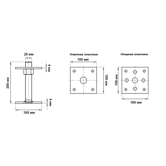 Анкер ЛОМ, регулируемый по высоте, оцинкованный, М20х200х100 мм