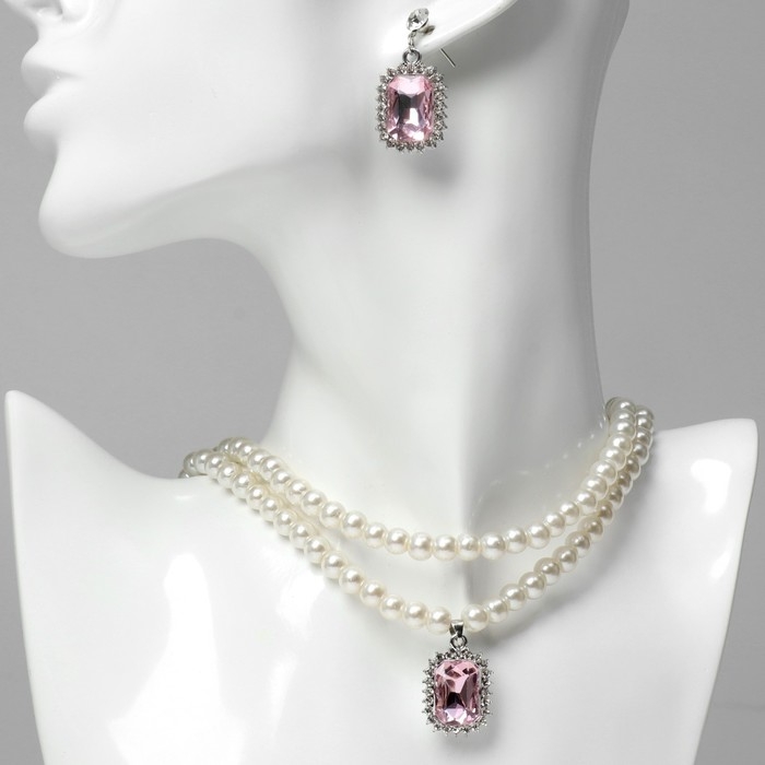 Набор 2 предмета: серьги, колье &laquo;Катрин&raquo; розовая вставка, цвет белый в серебре, 45 см