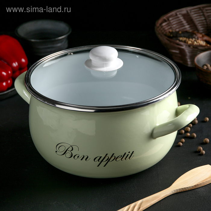 Кастрюля эмалированная &laquo;Лайм&raquo;, 5.1 л, стеклянная крышка, индукция, цвет светло-зелёный