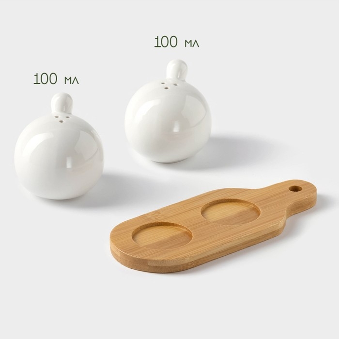 Набор фарфоровый для специй на бамбуковой подставке BellaTenero &laquo;Шарики&raquo;, 2 предмета: солонка 100 мл, перечница 100 мл, цвет белый