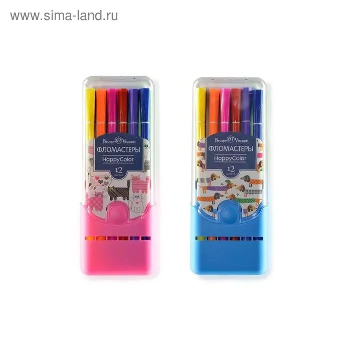 Фломастеры 12 цветов BrunoVisconti HappyColor, в пластиковом пенале, микс