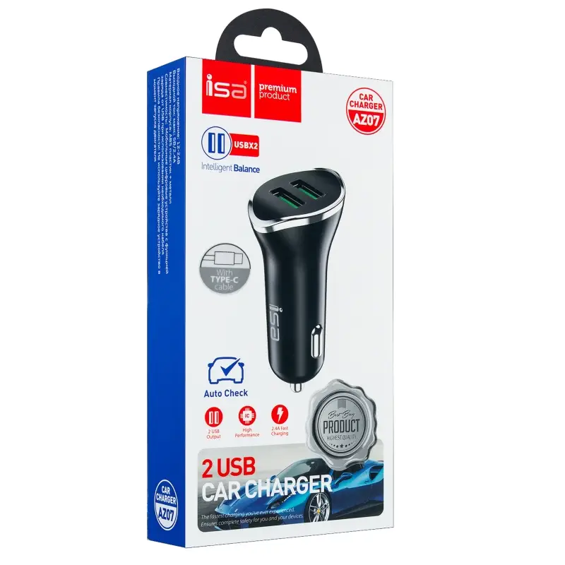 АЗУ AZ14 USB на Type-C + 2 USB 2.4A ISA черное