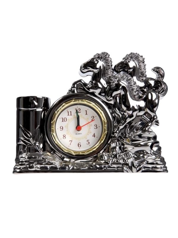 Часы настольные - органайзер для канцелярии будильник &laquo;Кони&raquo;, 14&times;17&times;4 см