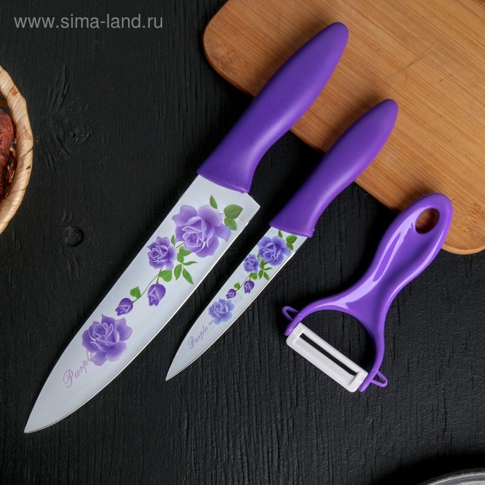 Набор кухонных принадлежностей Доляна &laquo;Нарцисс&raquo;, 3 предмета: 2 ножа с антиналипающим покрытием, лезвие 12 см, овощечистка, 20&times;4 см, цвет фиолетовый