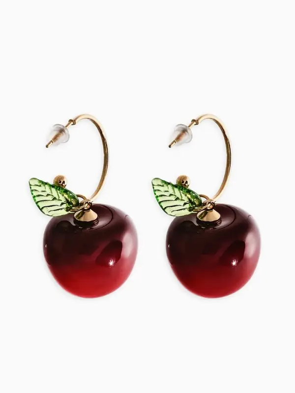 Серьги-кольца "Черешня с листочком", цвет бордовый в золоте
