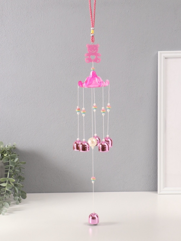 Музыка ветра металл от сглаза "Мишка с 6 колокольчиками" розовый h=53см
