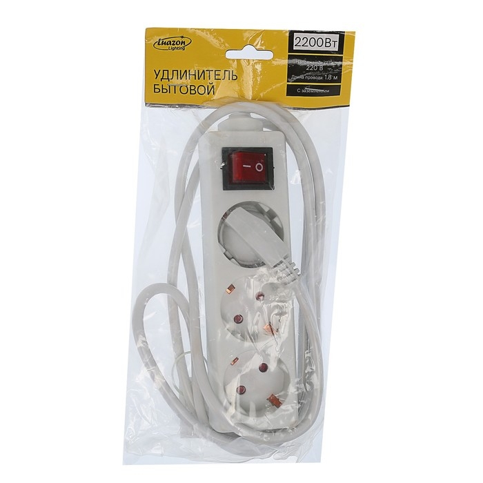 Удлинитель Luazon Lighting, 3 розетки, 1,8 м, 10 А, 2200 Вт, 3х1.5 мм2, с з/к, с выкл.
