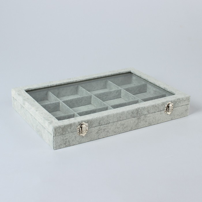 Подставка для украшений &laquo;Шкатулка&raquo; 12 ячеек, 35&times;24&times;4,5, стеклянная крышка, цвет серый