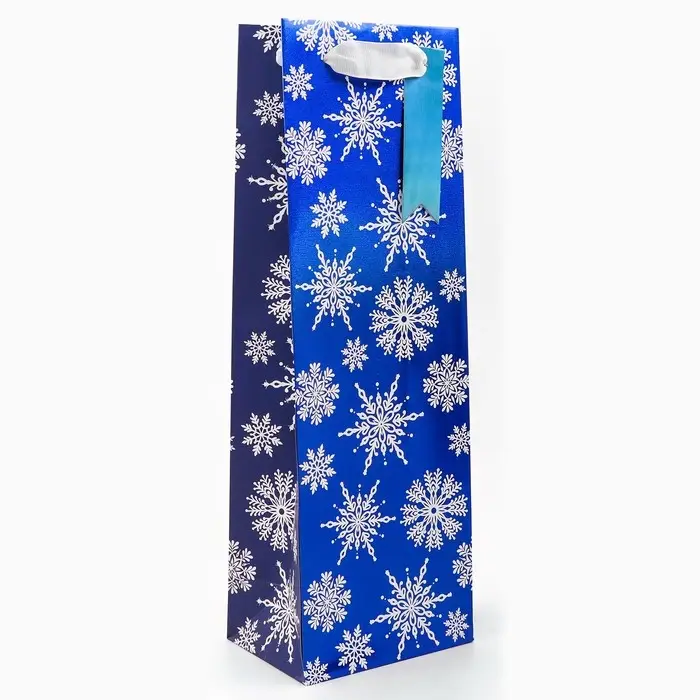Пакет подарочный новогодний под бутылку, упаковка "Звёздочки-снежинки", 12 х 36 х 8,5 см.
